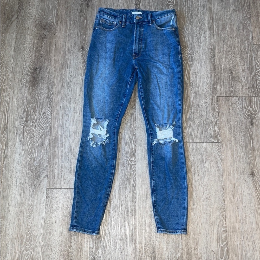 Good American Women's Good Waist Distressed Jeans-Blue-Size 6 denim